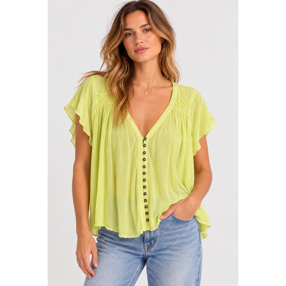 Free People Lime Green Linen Blend V-Neck Smocked Button Front Top Large